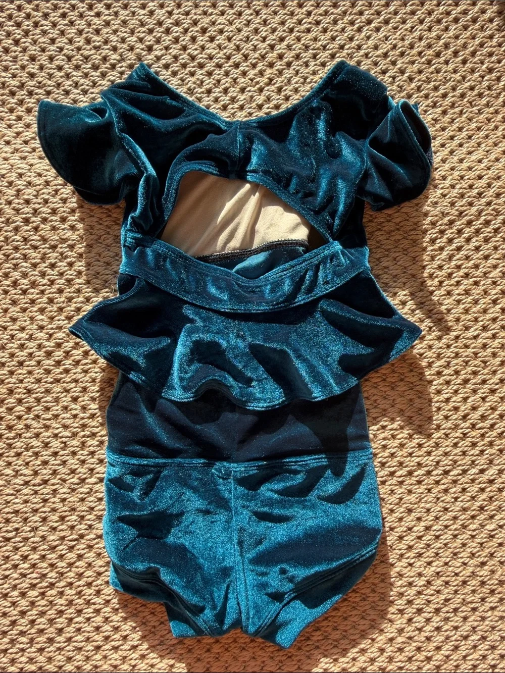 Kandi Kouture Girls Teal Velvet Ruffle Dance Leotard Costume size child small